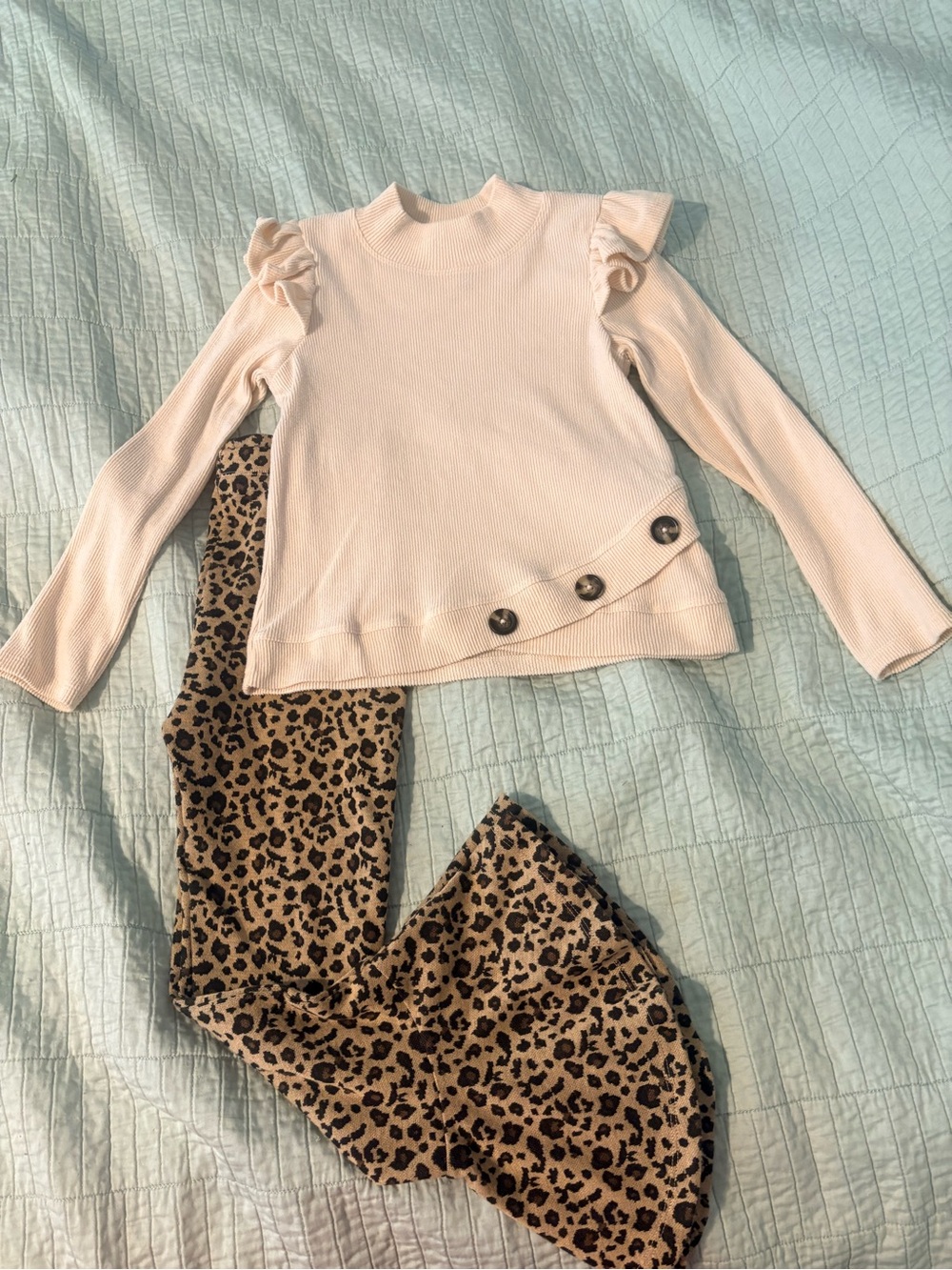 Bonnie Jean Cream Ruffle Shoulder Long Sleeve Top and Leopard Leggings Set